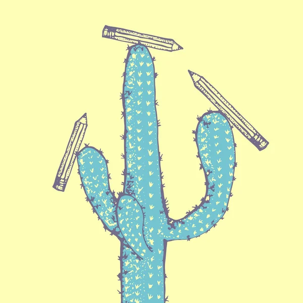 Ilustración vectorial de doodle Cactus con lápices. Plantas del desierto mexicano. Concepto de educación sobre fondo amarillo . — Vector de stock