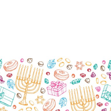 Jewish holiday Hanukkah greeting card. Seamless border of traditional Chanukah symbols isolated on white - dreidels, sweets, donuts, menorah candles, star David glowing lights. Doodle Vector template. clipart
