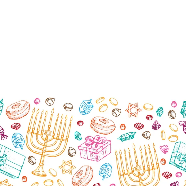 Férias judaicas Hanukkah cartão de saudação. Borda sem costura de símbolos Chanukah tradicionais isolados em branco - dreidels, doces, rosquinhas, velas menorah, estrelas David luzes brilhantes. Modelo de vetor de doodle . — Vetor de Stock