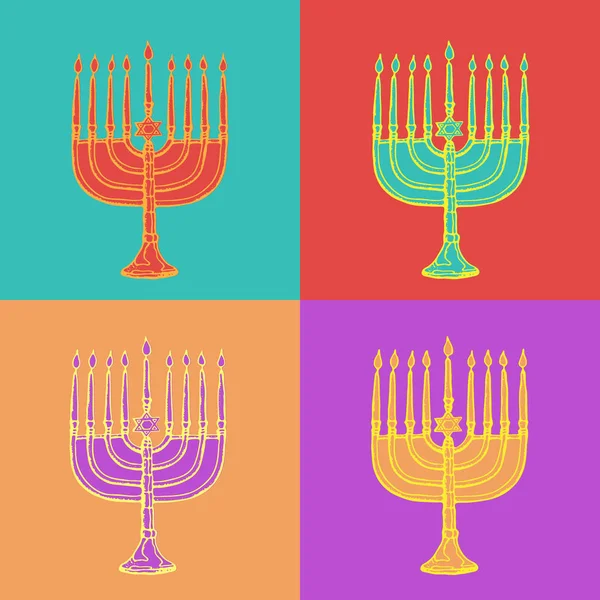 Jewish holiday Hanukkah greeting cards. Traditional Chanukah symbols isolated on white -  menorah candles, star David glowing lights. Festival of lights. Pop art vector illustration.