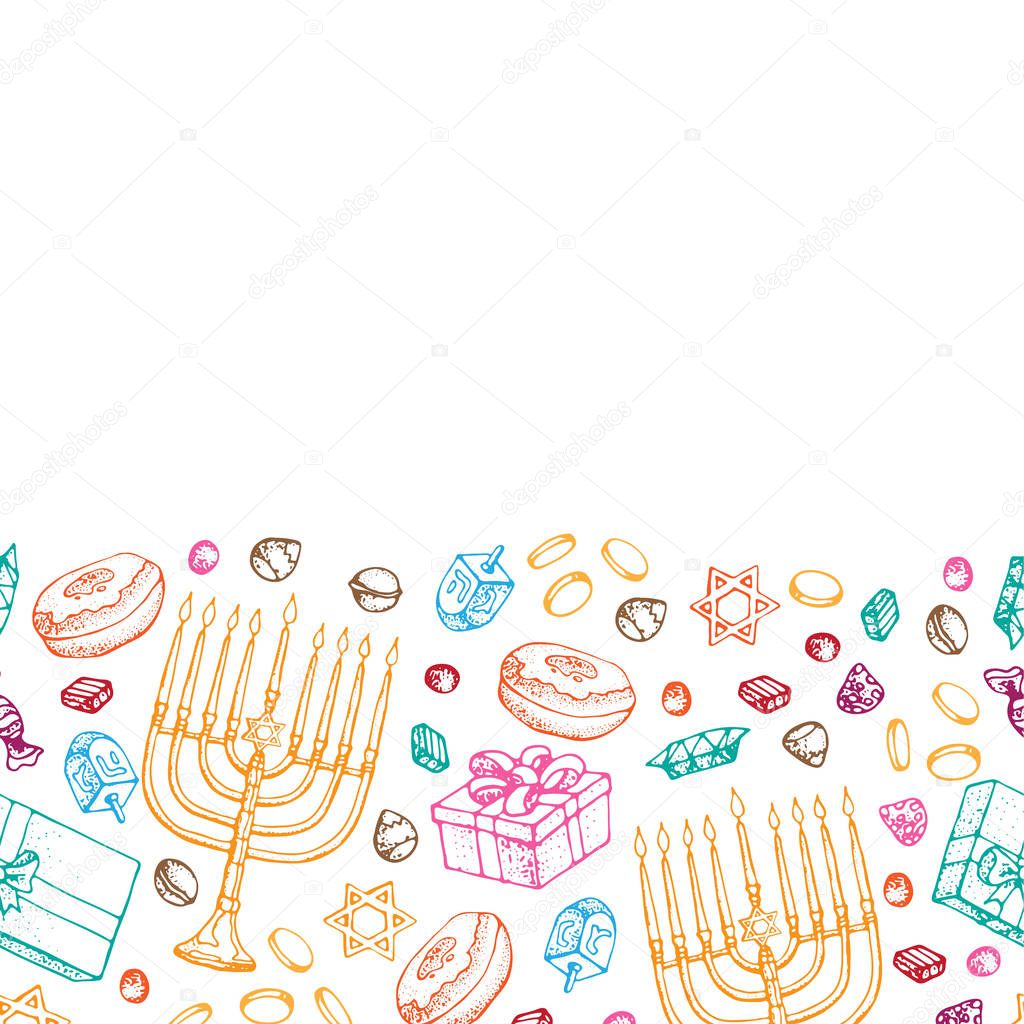 Jewish holiday Hanukkah greeting card. Seamless border of traditional Chanukah symbols isolated on white - dreidels, sweets, donuts, menorah candles, star David glowing lights. Doodle Vector template.