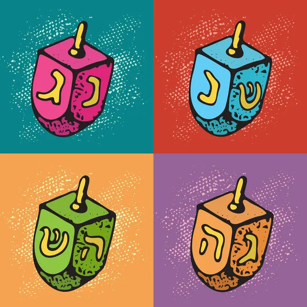 Jewish holiday Hanukkah greeting cards. Set of Traditional Chanukah symbols -  dreidels. Festival of lights pattern. Pop art vector illustration.