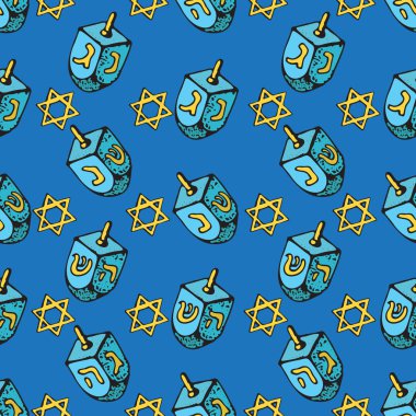 Yahudi Bayramı Hanuka seamless modeli. Geleneksel Chanukah sembolleri - sevinçler, yıldız David parlayan ışıklar ayarla. Doodle vektör şablonu..