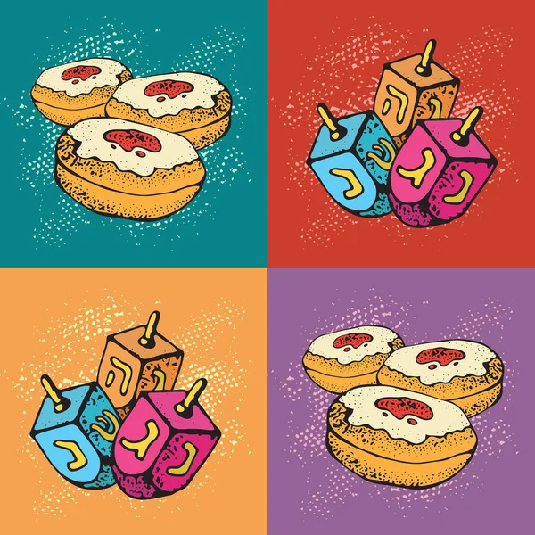 Jewish holiday Hanukkah greeting cards. Set of Traditional Chanukah symbols -  dreidels and donuts. Festival of lights pattern. Pop art vector illustration..