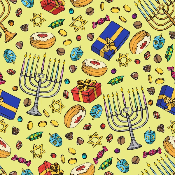 Fiesta Judía Hanukkah Patrón Sin Fisuras Conjunto Símbolos Tradicionales Janucá — Vector de stock