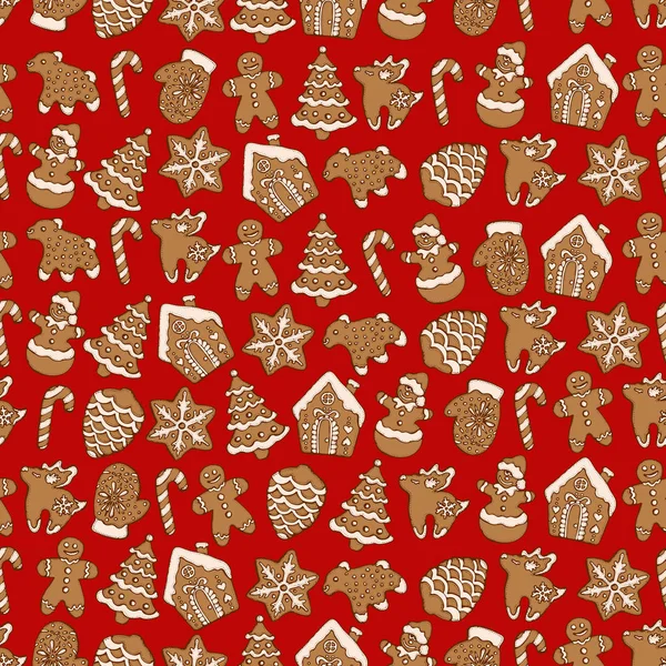 赤の背景にクリスマスの手作りジンジャーブレッド クッキーのシームレスなパターン クリスマス ツリー 雪の結晶 雪だるまの鹿メニューのベクトル イラスト デザイン カフェの装飾 宅配ボックス — ストックベクタ