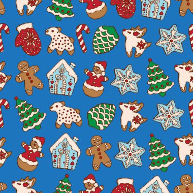 Noel ev yapımı gingerbread çerezleri mavi zemin üzerine Dikişsiz desen. Noel ağacı, kar tanesi, geyik ve kardan adam. Menü tasarımı, Cafe dekorasyon, teslimat kutusu için vektör çizim.. 