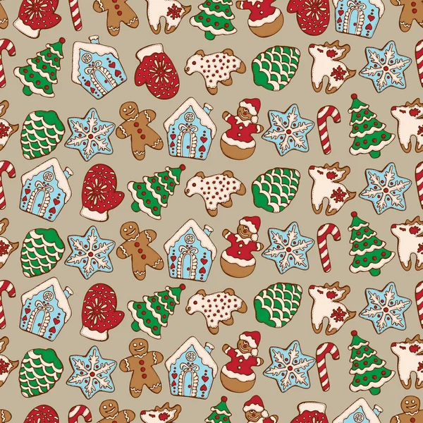 ベージュ色の背景にクリスマスの手作りジンジャーブレッド クッキーのシームレスなパターン クリスマス ツリー 雪の結晶 雪だるまの鹿メニューのベクトル イラスト デザイン カフェの装飾 宅配ボックス — ストックベクタ
