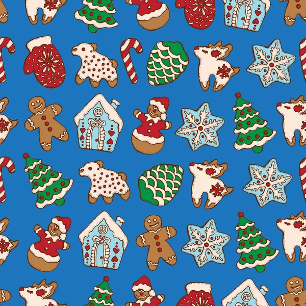 Noel ev yapımı gingerbread çerezleri mavi zemin üzerine Dikişsiz desen. Noel ağacı, kar tanesi, geyik ve kardan adam. Menü tasarımı, Cafe dekorasyon, teslimat kutusu için vektör çizim.. 