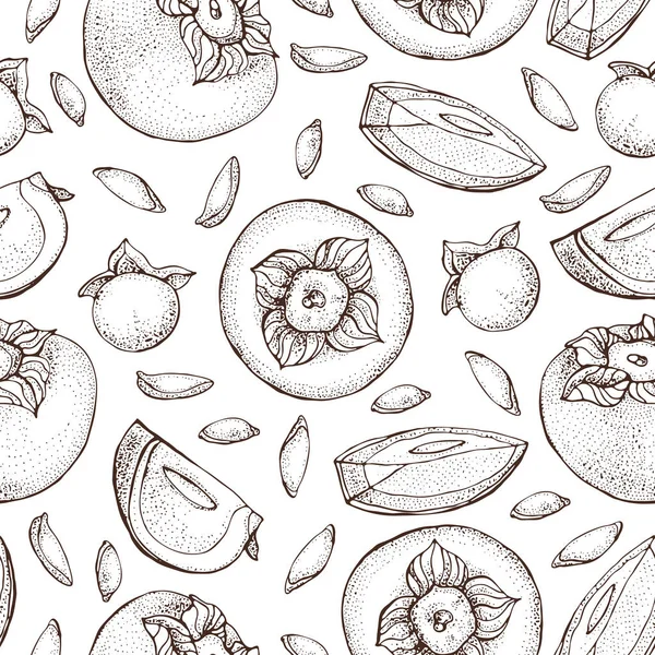 Trabzon hurması vektör seamless modeli. El ile parça ve tohum beyaz zemin üzerine dilimlenmiş Trabzon hurması nesne çekilmiş. Meyve duvar kağıdı stil kroki. Detaylı vejetaryen gıda kroki.