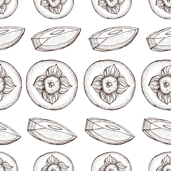 Persimmon vector seamless pattern. Hand drawn object with Persimmon sliced piece and seeds on white background. Fruit sketch style wallpaper. Detailed vegetarian food sketch. — Stock Vector