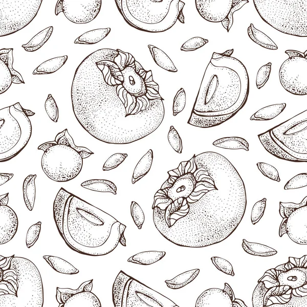 Kaki vector naadloze patroon. Hand getekend object met Persimmon gesneden stuk en zaden op witte achtergrond. Fruit schets stijl behang. Gedetailleerde vegetarisch voedsel schets. — Stockvector