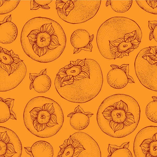 Kaki vector naadloze patroon. Hand getekend object met Persimmon gesneden stuk en zaden op oranje achtergrond. Fruit schets stijl behang. Gedetailleerde vegetarisch voedsel schets. — Stockvector