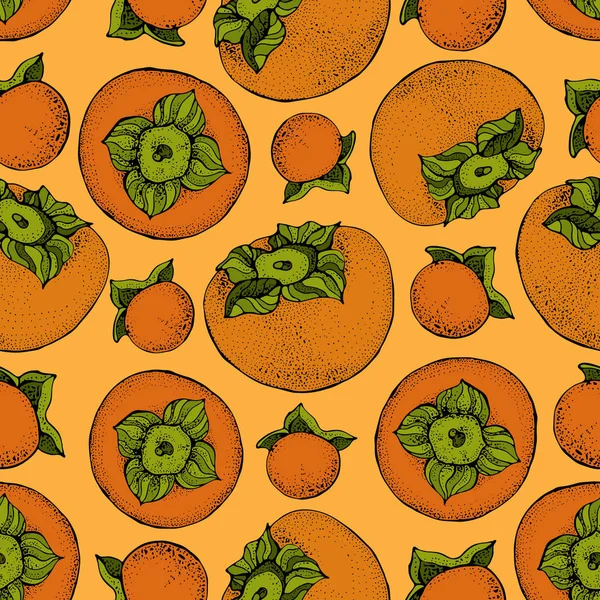 Persimon vektor sömlösa mönster. Hand ritat objekt med sharonfrukt på orange bakgrund. Frukt skiss stil tapet. Detaljerade vegetarisk mat skiss. — Stock vektor