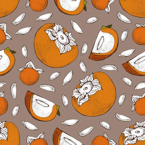 Modèle sans couture vectoriel Persimmon. Objet dessiné à la main avec une pièce tranchée Persimmon et des graines. Fruit croquis papier peint de style. Croquis alimentaire végétarien détaillé . — Image vectorielle