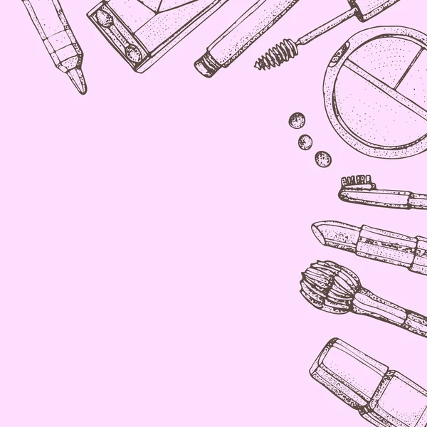 Косметика та модний фон з об'єктами макіяжу: помадою, тінями для очей, тушшю, жилетом, тушшю, лаком для нігтів. Ізольовані Векторні ілюстрації на рожевому фоні . — стоковий вектор
