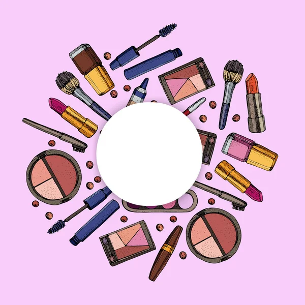 Cosmetics and fashion background with make up artist objects: lipstick, eye shadows, mascara ,eyeliner, concealer, nail polish. Isolated vector illustrations on a pink background. — Stock Vector