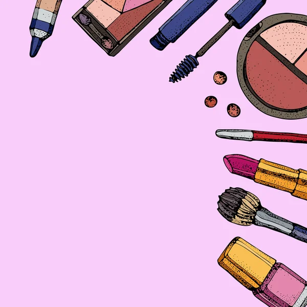 Cosméticos y fondo de moda con maquillaje de objetos de artista: lápiz labial, sombras de ojos, rímel, delineador de ojos, corrector, esmalte de uñas. Ilustraciones vectoriales aisladas sobre un fondo rosa . — Archivo Imágenes Vectoriales