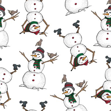 Komik kardan adam ve kuşlar seamless modeli. Sevimli kış tatili. Siyah çizgi mürekkep bizzat örme atkı ve şapka. Vektör elle çizilmiş doodle illüstrasyon izole beyaz arka plan üzerinde