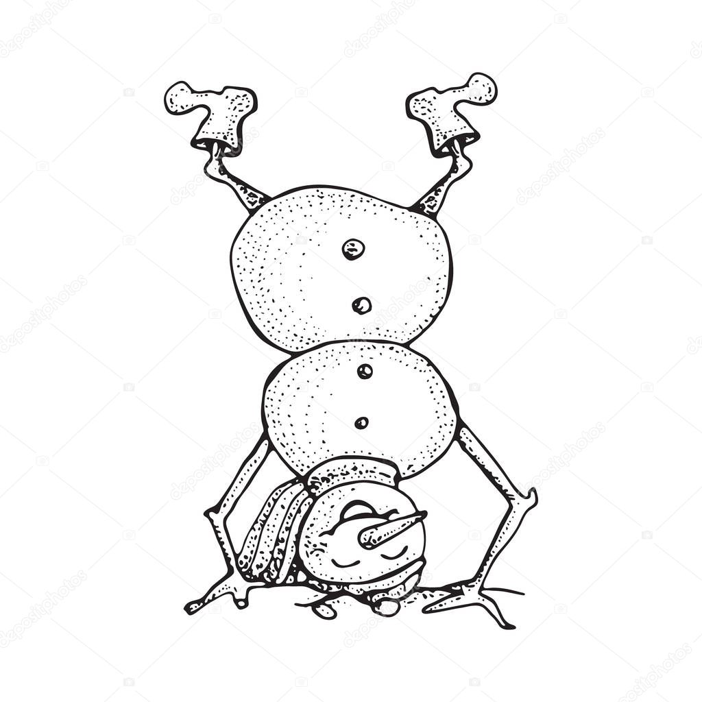 Funny Snowman upside down in  sketched style. Cute winter holiday icon. Black line ink person in hat and knitted scarf. Vector hand drawn doodle illustration isolated on white background