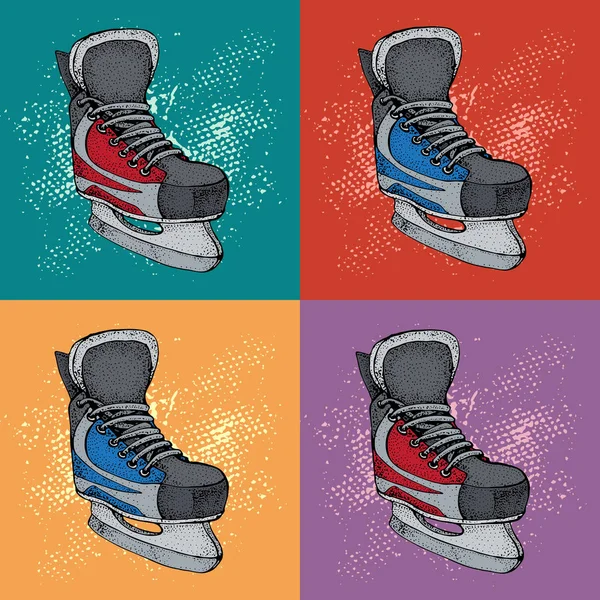 Winter holidays pattern with ice skates cartoon sketch. Red and blue Ice hockey skates. Vector illustration with sports equipment on colorful background