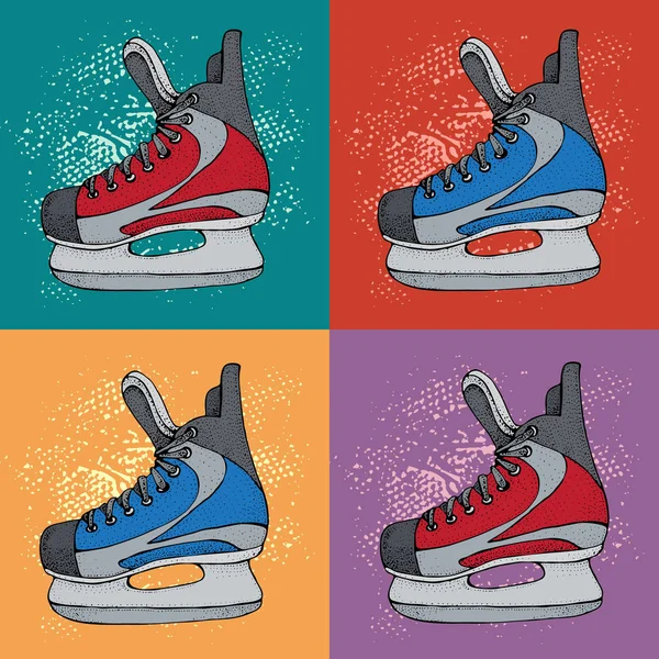 寒假图案与溜冰鞋卡通素描 红色和蓝色冰球溜冰鞋 向量例证与运动设备在五颜六色的背景 — 图库矢量图片