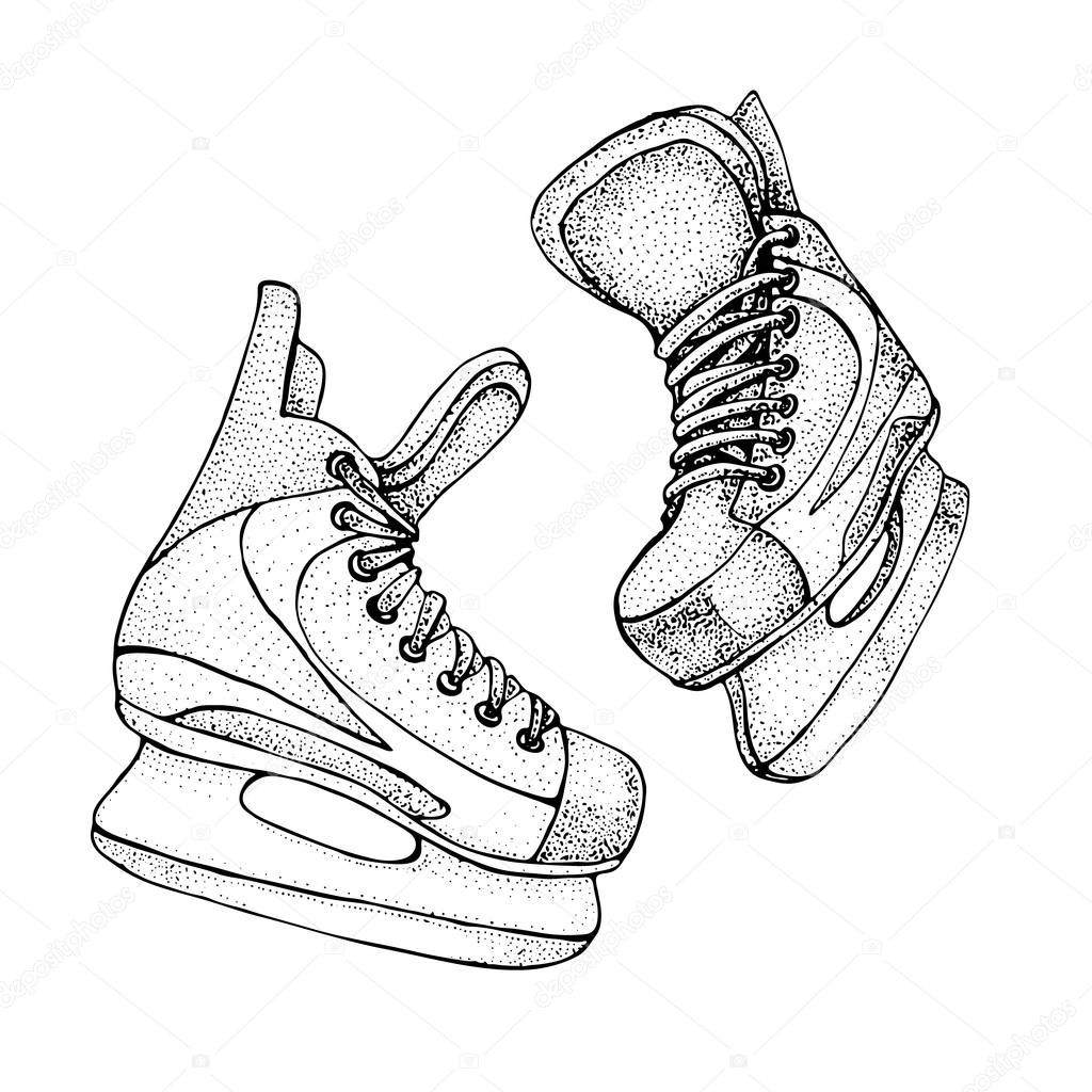 Winter holidays card with ice skates cartoon sketch. Ice hockey skates. Hand drawn vector illustration isolated on white background