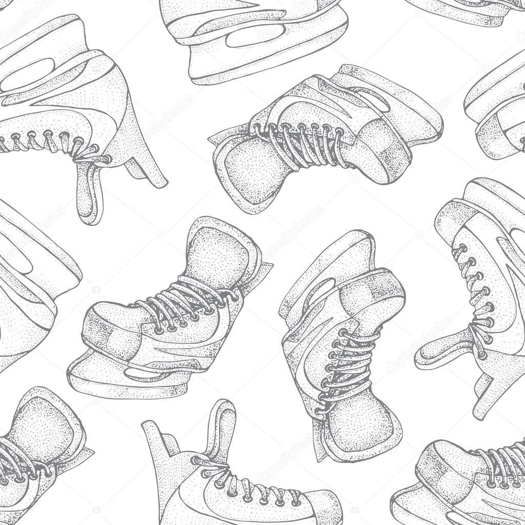 Winter holidays seamless pattern with ice skates cartoon sketch. Ice hockey skates. Hand drawn vector illustration isolated on white background