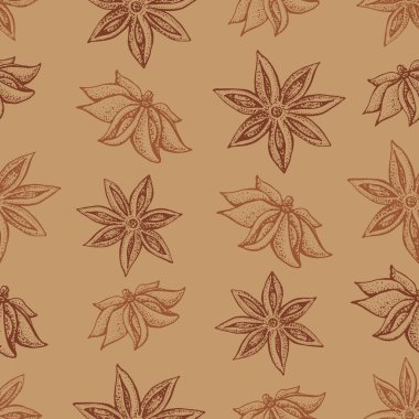 Anason yıldız, badian seamless modeli. Mevsimlik gıda vektör illüstrasyon kahverengi zemin üzerinde. Baharat ve tat el çizilmiş kroki. Pişirme ve mulled şarap madde.