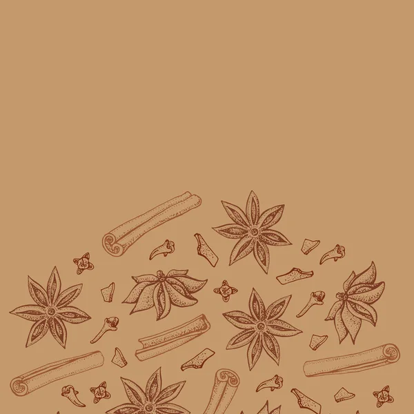 Cinnamon sticks, anise star and cloves. Seasonal food vector illustration  on brown background. Hand drawn sketch of spice and flavor. Cooking and mulled wine ingredient. — Stock Vector