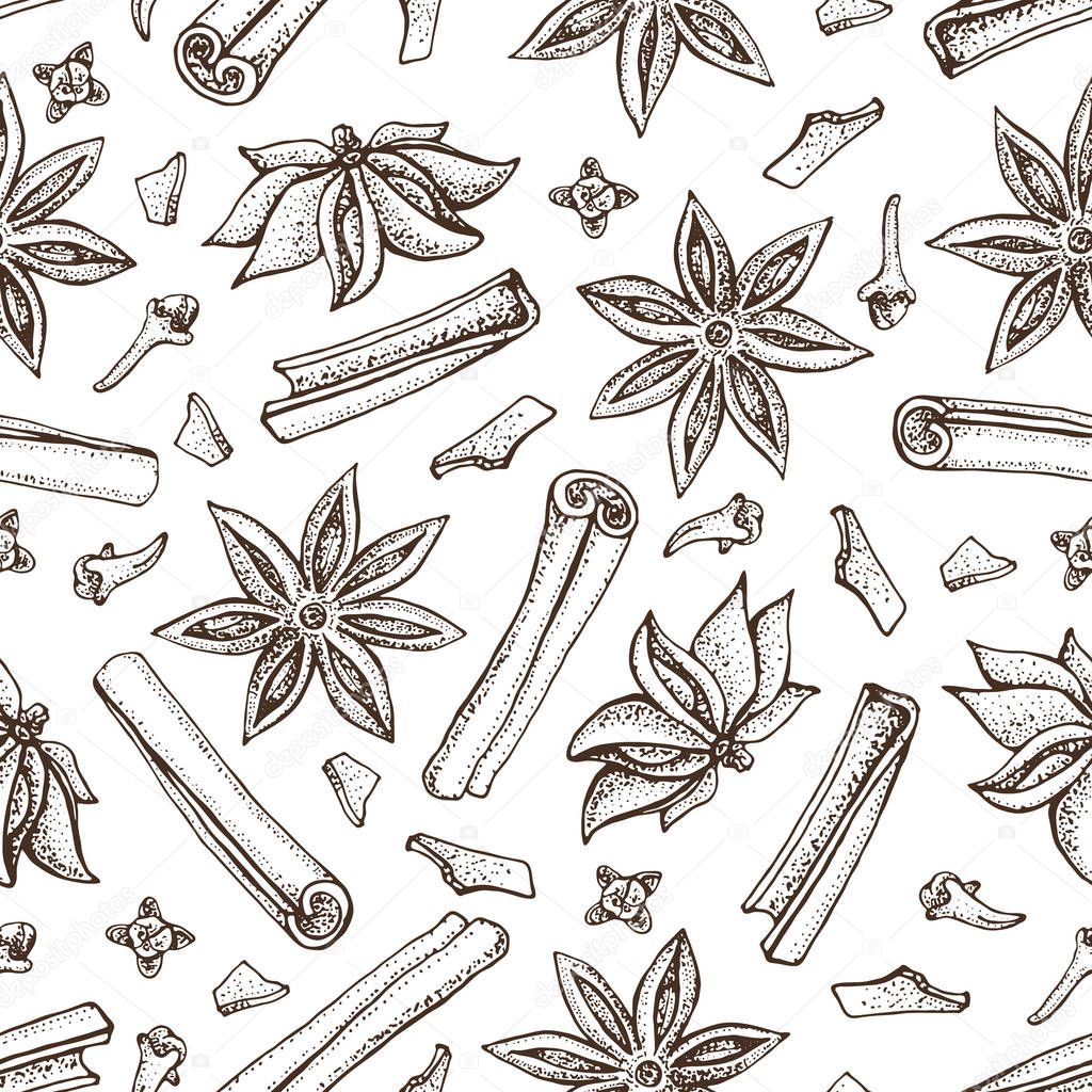Cinnamon sticks, anise star and cloves seamless pattern. Seasonal food vector illustration isolated on white background. Hand drawn sketch of spice and flavor. Cooking and mulled wine ingredient.