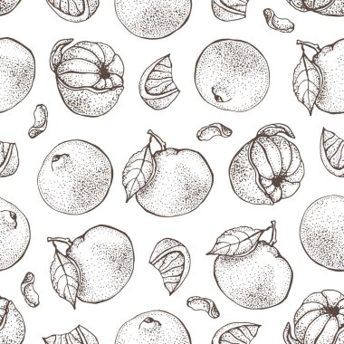 Vektör Dikişsiz desen mürekkep ile el çekilmiş narenciye, dilimleri ve yaprakları kroki. Beyaz arka plan üzerinde izole mandarin portakal, mandalina, limon. Vejetaryen gıda resimde ayrıntılı.