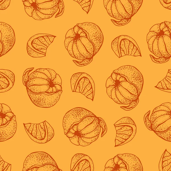 Vector seamless pattern with ink hand drawn citrus fruit, slices and leaves sketch. Mandarin orange, tangerine, lime on orange background. Detailed vegetarian food  illustration. — Stock Vector