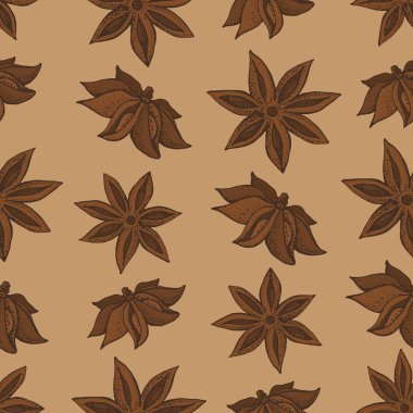 Anason yıldız, badian seamless modeli. Mevsimlik gıda vektör illüstrasyon kahverengi zemin üzerinde. Elle çizilmiş baharat ve tat doodles. Pişirme ve mulled şarap madde.