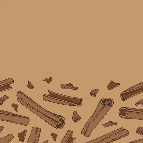 Palos de canela patrón sin costuras. Dibujo vectorial del conjunto de especias aromáticas. Ilustración de alimentos de temporada sobre fondo marrón. garabatos dibujados a mano de especias y sabor. Ingrediente de cocina y vino caliente . — Vector de stock