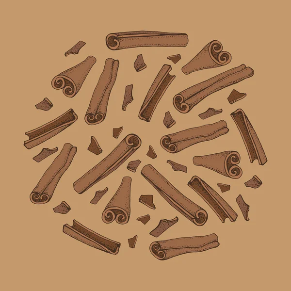 Cinnamon sticks. Vector drawing of aromatic spices set. Seasonal food illustration on brown background. Hand drawn doodles of spice and flavor. Cooking and mulled wine ingredient. — Stock Vector