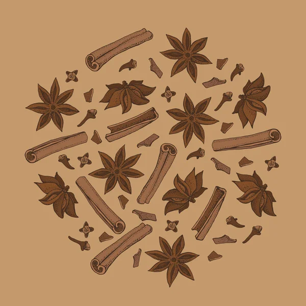 Cinnamon sticks, anise star and cloves. Seasonal food vector illustration  on brown background. Hand drawn doodles of spice and flavor. Cooking and mulled wine ingredient. — Stock Vector