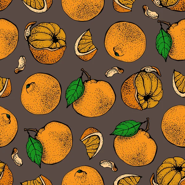 Vector seamless pattern with ink hand drawn citrus fruit, slices and leaves sketch. Mandarin orange, tangerine on gray background. Detailed vegetarian food  illustration. — Stock Vector