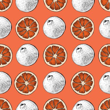 Greyfurt vektör seamless modeli. El nesneleri pomelo dilimlenmiş parça ile kırmızı bir arka plan üzerinde çekilmiş. Yaz narenciye stil illüstrasyon doodle. Detaylı vejetaryen gıda kroki. 