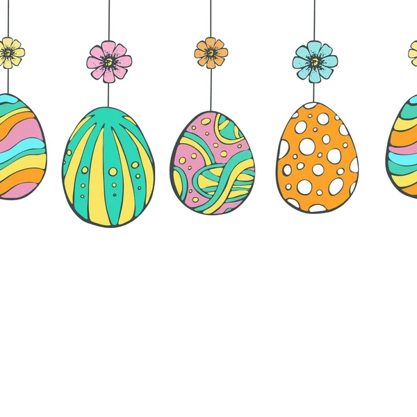 Happy Easter jednolity wzór. Wielkanocne pisanki i kwiaty dla karty z pozdrowieniami, szablon zaproszenia. Wektor ręka naszkicowanych zestaw na białym tle. — Wektor stockowy