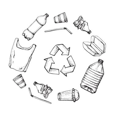 Geri dönüşüm plastik ürünler. Elle çizilmiş doodle plastik kirliliği simgeler kümesi. Vektör çizim yarım yamalak semboller koleksiyonu. Çanta, şişe, paket, kirlenme, tek kullanımlık tabak, saman.