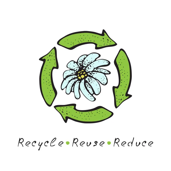 Handgezeichnetes Vektor Recycle Logo. Skizze Doodle Recycling Wiederverwendungssymbol mit Blume isoliert auf weißem Hintergrund. Recycling-Zeichen für ökologisches Design Zero Waste Lifestyle. — Stockvektor