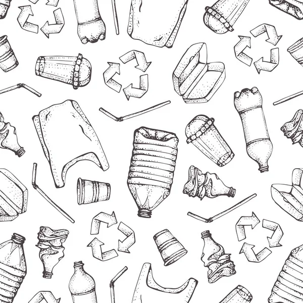 Kézzel rajzolt firka műanyag szennyezés varrat nélküli mintát. Vektoros illusztráció vázlatos szimbólumok gyűjteménye. Táska, üveg, csomag, szennyeződés, eldobható étel, szalma. Újrahasznosítás műanyag termékek. — Stock Vector