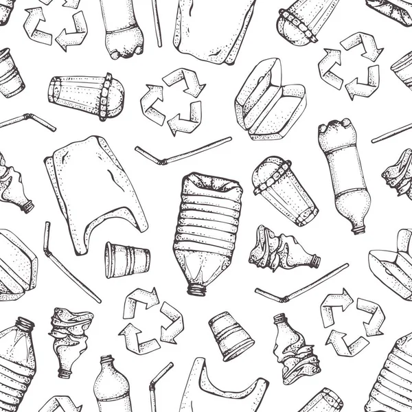 Elle çizilmiş doodle plastik kirliliği seamless modeli. Vektör çizim yarım yamalak semboller koleksiyonu. Çanta, şişe, paket, kirlenme, tek kullanımlık tabak, saman. Geri dönüşüm plastik ürünler.