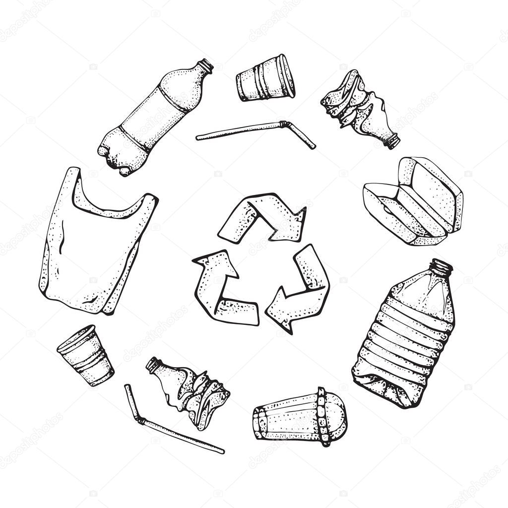 Plastic products recycling. Hand drawn doodle plastic pollution icons set. Vector illustration sketchy symbols collection. Bag, Bottle, Package, Contamination, disposable dish, straw.