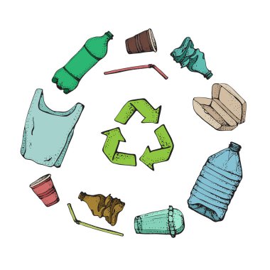 Geri dönüşüm plastik ürünler. Elle çizilmiş doodle plastik kirliliği simgeler kümesi. Vektör çizim yarım yamalak semboller koleksiyonu. Çanta, şişe, paket, kirlenme, tek kullanımlık tabak, saman.