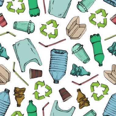 Elle çizilmiş doodle plastik kirliliği seamless modeli. Vektör çizim yarım yamalak semboller koleksiyonu. Çanta, şişe, paket, kirlenme, tek kullanımlık tabak, saman. Geri dönüşüm plastik ürünler.