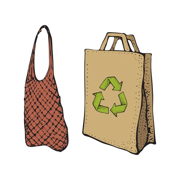 Proprio tessile e carta sacchetti riciclati. Illustrazione schizzo scarabocchio isolato su bianco. Porta la tua borsa. Bpa e plastica concetto libero. Shopping bag riutilizzabile o in plastica gratuita, dire di no al concetto di plastica . — Vettoriale Stock