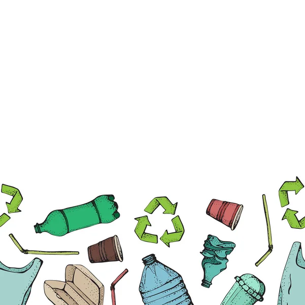 Patrón sin costura de contaminación plástica garabato dibujado a mano. Ilustración vectorial colección de símbolos incompletos. Bolsa, Botella, Paquete, Contaminación, plato desechable, paja. Reciclaje de productos plásticos . — Archivo Imágenes Vectoriales