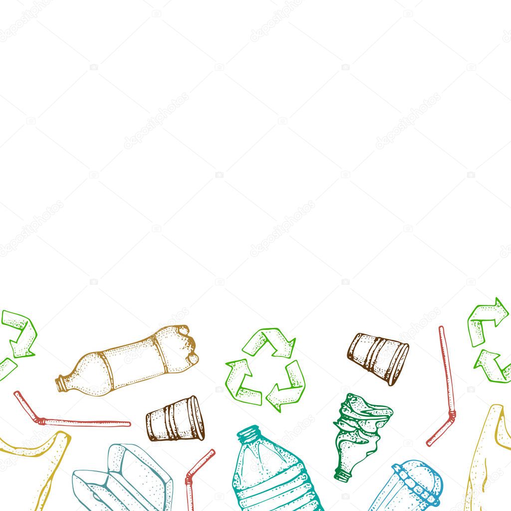 Hand drawn doodle plastic pollution seamless pattern. Vector illustration sketchy symbols collection. Bag, Bottle, Package, Contamination, disposable dish, straw. Plastic products recycling.